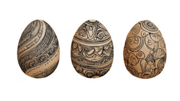 Three hand drawn easter eggs with decorative swirls and floral patterns on transparent background png
