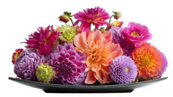Colorful dahlias and ranunculus flowers resting in a dish on a transparent background png
