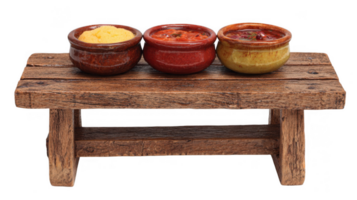 Rustic wooden table displaying three colorful bowls of food on transparent background png