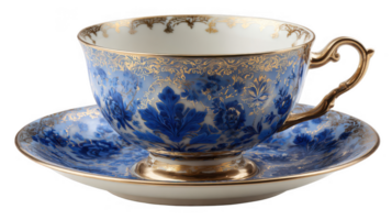 Elegant blue and gold teacup resting on matching saucer with transparent background png