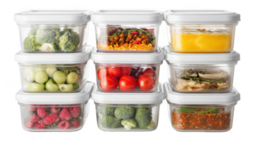 Set of transparent square food containers storing various foods on transparent background png