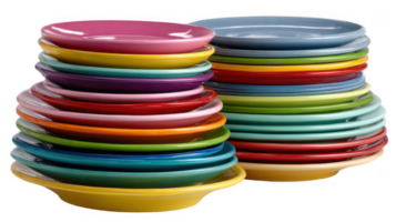 Two stacks of colorful dessert plates on transparent background png