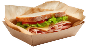 Sandwich with ham, cheese, tomato and lettuce inside a cardboard tray with transparent background png