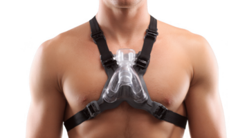 Man wearing cpap mask for sleep apnea therapy on transparent background png