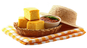 Cornbread, chili and straw hat creating a rustic picnic scene on transparent background png