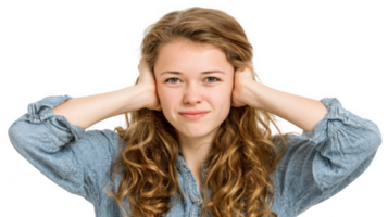 Young woman covering ears ignoring noise on transparent background png