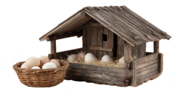 Chicken coop with eggs inside and a basket outside on transparent background png