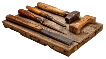 Handcrafted wooden tools lying on a workbench with transparent background png