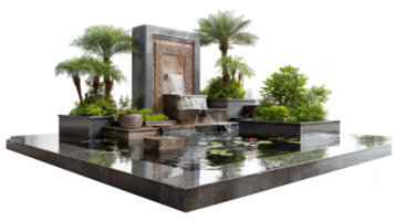 Relaxing water feature mirroring surrounding greenery on transparent background png