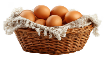 Wicker basket overflowing with fresh brown eggs on transparent background png