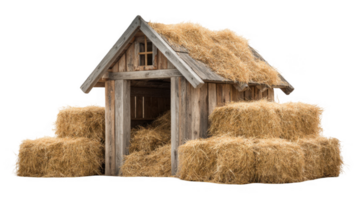 Rustic coop filled with hay bales on transparent background png
