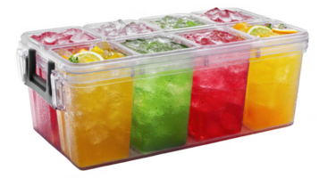 Ice filled coolers packed with refreshing colorful drinks on transparent background png