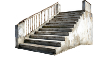Old concrete staircase leading upwards with rusty railing on transparent background png