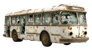 Old rusty abandoned bus with shattered windows on transparent background png