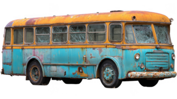 Old rusty abandoned bus with broken windows on transparent background png