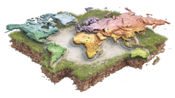 Colorful 3d world map showing continents on grassy ground with transparent background png
