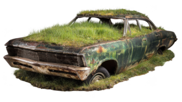 Old rusty abandoned sedan overgrown by grass with transparent background png