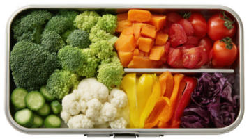 Rainbow colored vegetables arranged neatly in a lunchbox on transparent background png