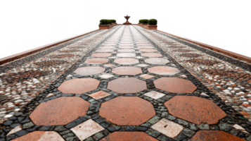 Geometric patterns in tiled pathways leading to a fountain with transparent background png