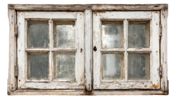 Old rustic white wooden window frame with peeling paint on transparent background png