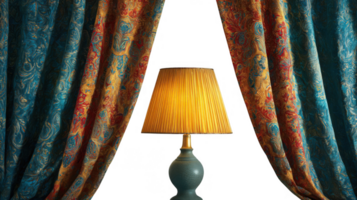 Elegant lamp illuminating space between mismatched curtains with transparent background png