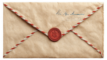 Old paper envelope closed with red wax seal and string on transparent background png