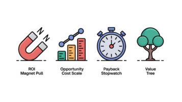 Magnet, graph, stopwatch and tree representing business concepts png