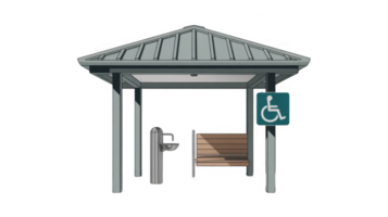 Accessible bus stop shelter with drinking fountain and bench on transparent background png