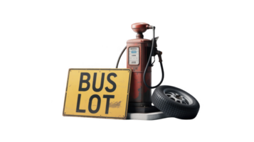 Old gas pump, spare tire and bus lot sign on transparent background png