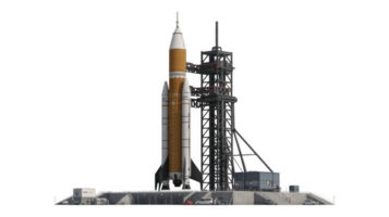 Space launch system rocket standing on launchpad with transparent background png