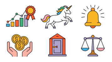 Unicorn startup business icons set showing success, money, and justice with transparent background png