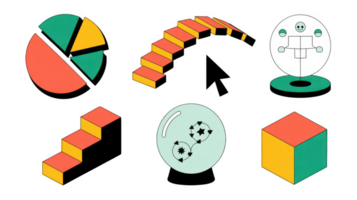 Pie chart, stairs, cursor, crystal ball, and cube icons on transparent background png