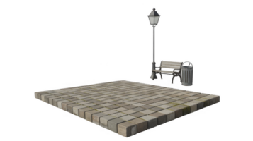 Paved square with bench, lamppost, and trash can on transparent background png