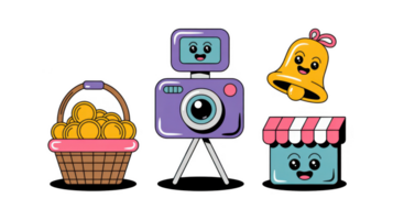 Kawaii camera, basket, bell and shop icons with transparent background png