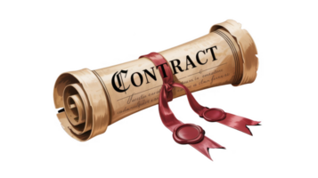 Contract scroll tied with red ribbon and wax seal on transparent background png