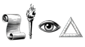 Blank scroll, torch, eye and triangle on transparent background png