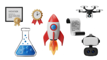 Launching innovation, 3d icons of rocket, vr headset, drone, and chemical flask on transparent background png