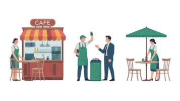Baristas serving customers and cleaning tables in outdoor cafe with transparent background png