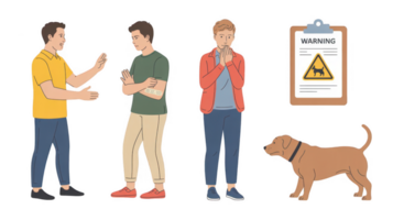 Men discussing a dog bite incident with warning sign and transparent background png