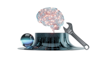 Wrench fixing glowing brain on futuristic pedestal with binary code and transparent background png