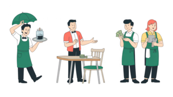 Baristas serving customer, counting money and using pos system with transparent background png