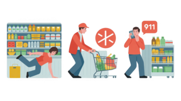 Customer falling on wet floor, man pushing shopping cart and calling 911 png