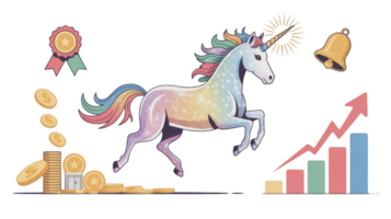 Unicorn startup achieving success with growing chart and gold coins on transparent background png