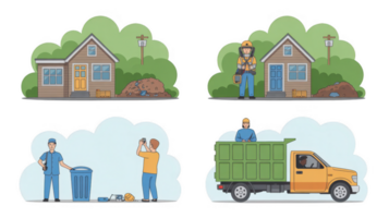 Waste collection service workers collecting and transporting trash with transparent background png