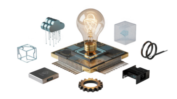 Light bulb standing on microchip with cloud computing and gears on transparent background png