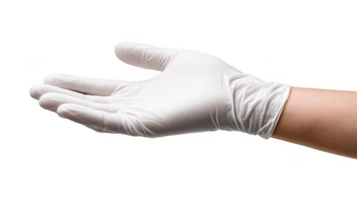 Doctor wearing surgical glove showing open hand palm up on transparent background png