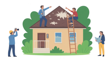 Insurance agent and roofer evaluating hail damage on house roof with engineer and architect discussing on transparent background png