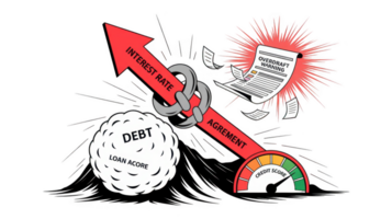 Interest rate and loan agreement crushing debt and lowering credit score with overdraft warning png