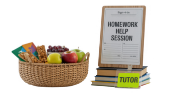 Tutor providing homework help session with healthy snacks and transparent background png