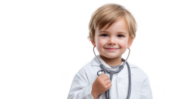 Smiling child playing doctor with stethoscope on transparent background png